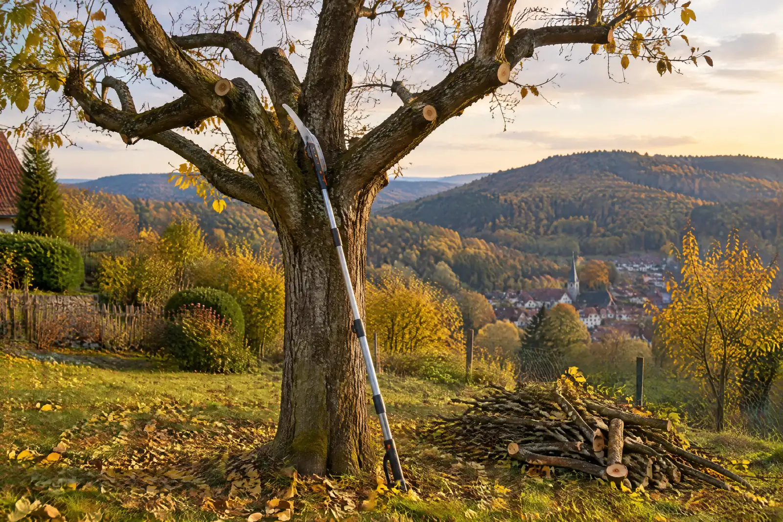 Fachgerecht zurückgeschnittener Obstbaum mit Hochentaster, daneben aufgeschichtetes Schnittholz, Blick über den herbstlichen Spessart