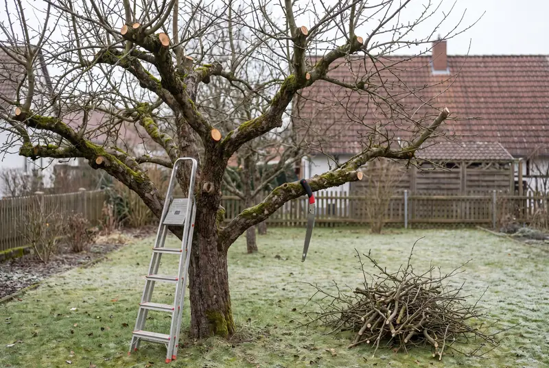 Fachgerecht ausgelichteter Apfelbaum im Winter mit Leiter am Stamm, Baumsäge und aufgeschichtetem Schnittholz