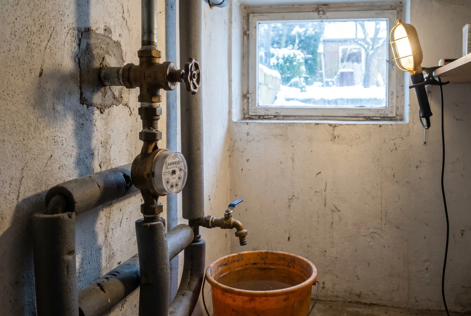 Hauswasseranschluss im Keller mit Absperrventil, Wasserzähler, gedämmten Leitungen und Eimer unter dem Entleerungshahn, draußen Schnee