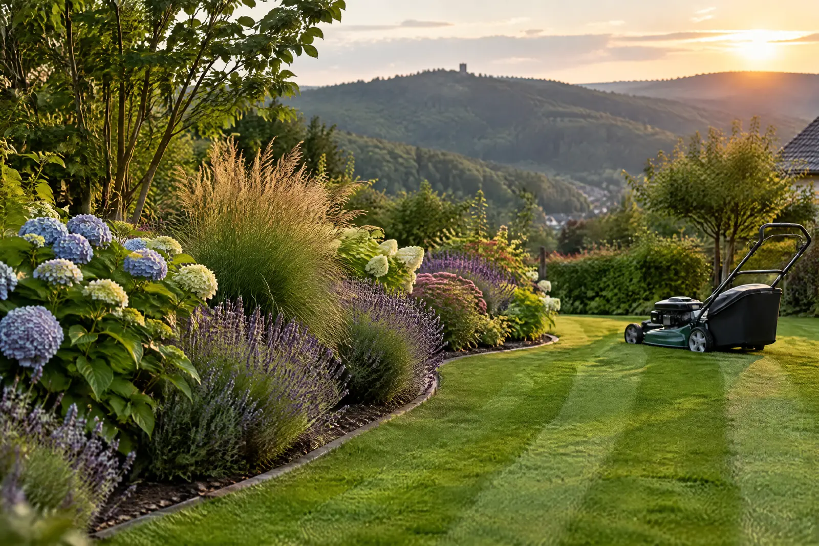 Frisch gemähter Rasen mit Streifen, Staudenbeet mit Lavendel und Hortensien und Rasenmäher im Abendlicht