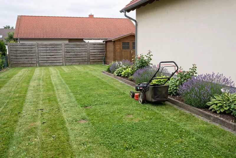 Frisch gemähter Rasen mit Mähstreifen, Rasenmäher am Beet mit Lavendel, Funkien und Rosen vor einem Holzzaun