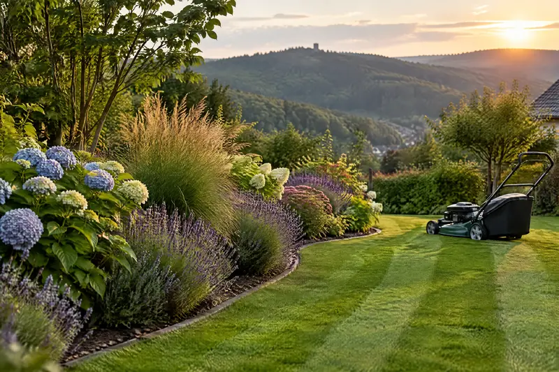 Frisch gemähter Rasen mit Streifen, Staudenbeet mit Lavendel und Hortensien und Rasenmäher im Abendlicht