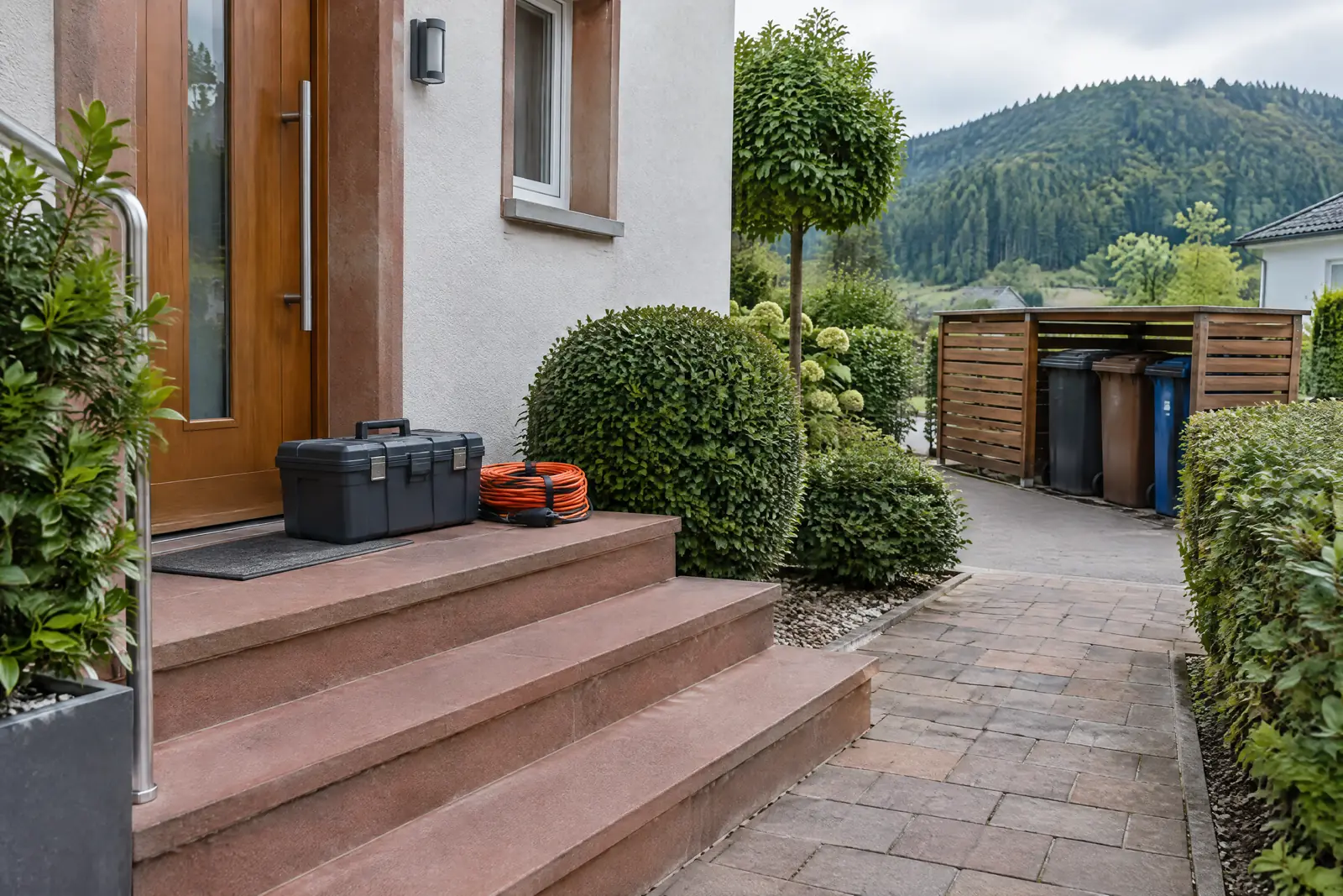 Werkzeugkoffer und Verlängerungskabel auf der Sandsteintreppe vor dem Hauseingang, daneben gepflegte Hecken und Mülltonnenbox
