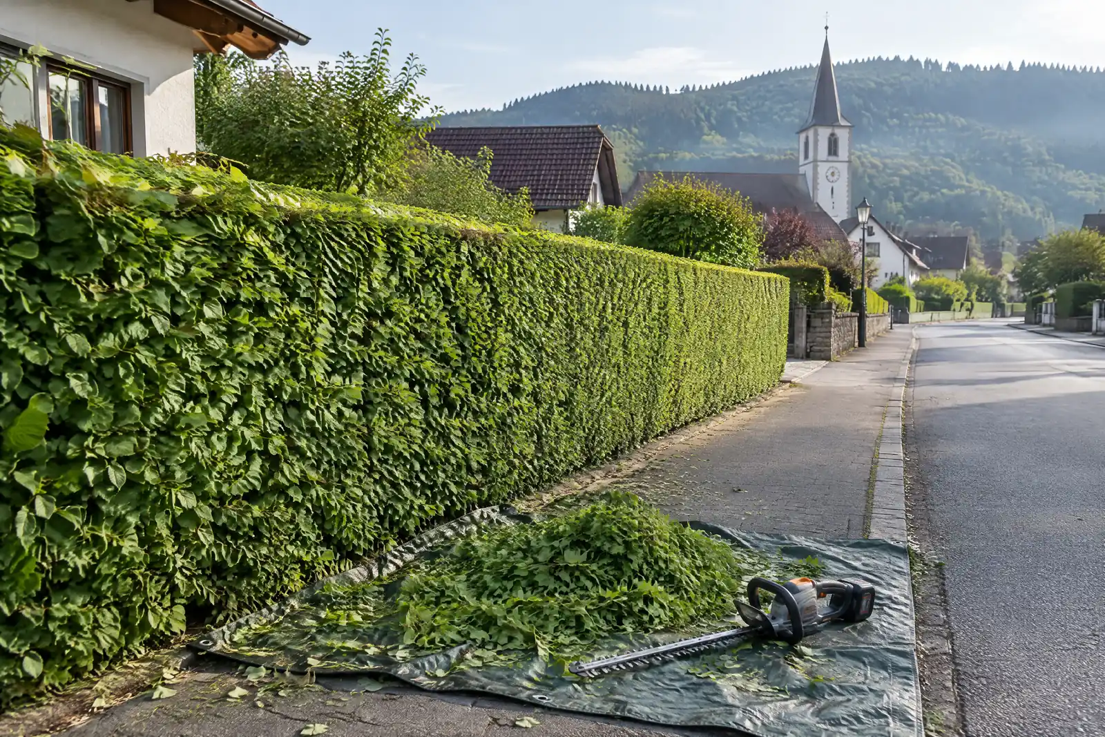 Frisch geschnittene Hainbuchenhecke an einer Wohnstraße, Schnittgut und Heckenschere auf einer Plane