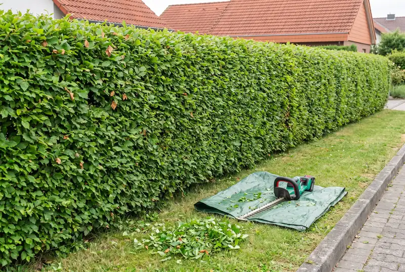 Frisch geschnittene Hainbuchenhecke am Gehweg, Akku-Heckenschere auf einer Plane und Schnittgut auf dem Rasen