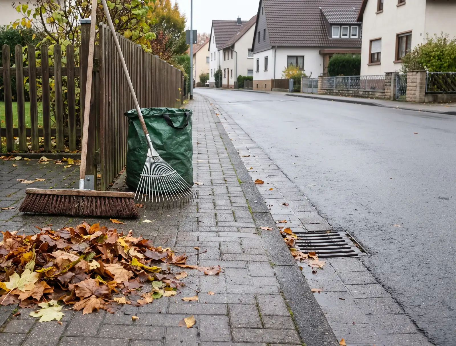 Gehweg im Herbst mit zusammengekehrtem Laubhaufen, Straßenbesen, Laubrechen und Laubsack am Gartenzaun, Gully frei