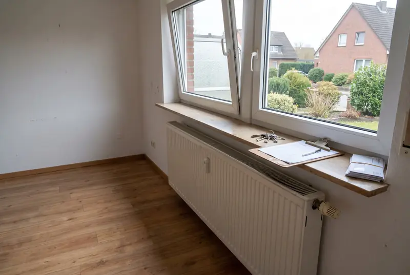 Leeres Zimmer mit gekipptem Fenster zum Lüften, auf der Fensterbank Schlüssel, Klemmbrett mit Kontrollliste und gesammelte Post