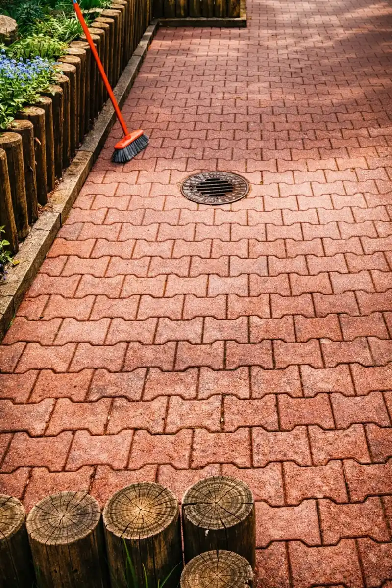 Frisch gekehrter Pflasterweg mit Palisaden-Beeteinfassung und Besen