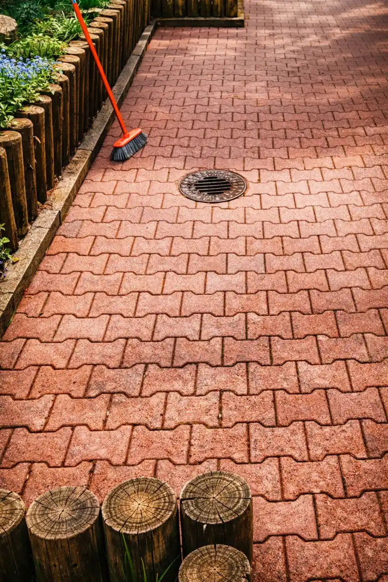 Frisch gekehrter Pflasterweg mit Palisaden-Beeteinfassung und Besen