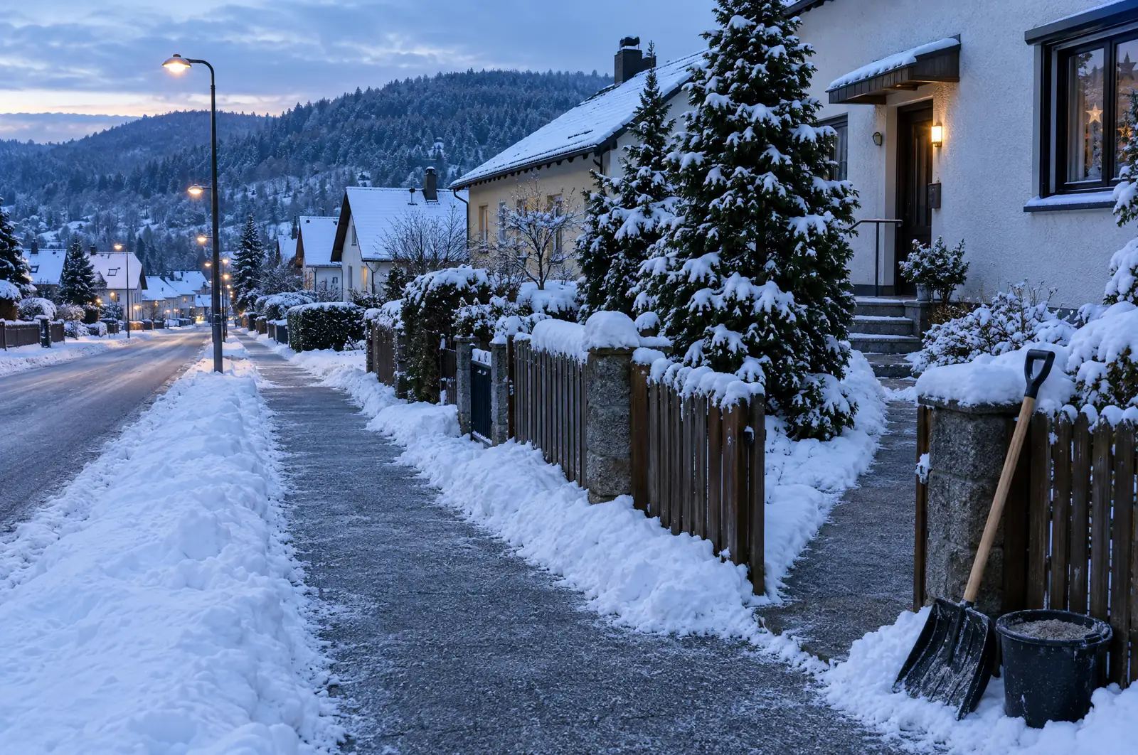 Frisch geräumter und gestreuter Gehweg mit geräumtem Hauszugang in einer verschneiten Wohnstraße im Morgengrauen, Schneeschaufel und Streugut am Zaun