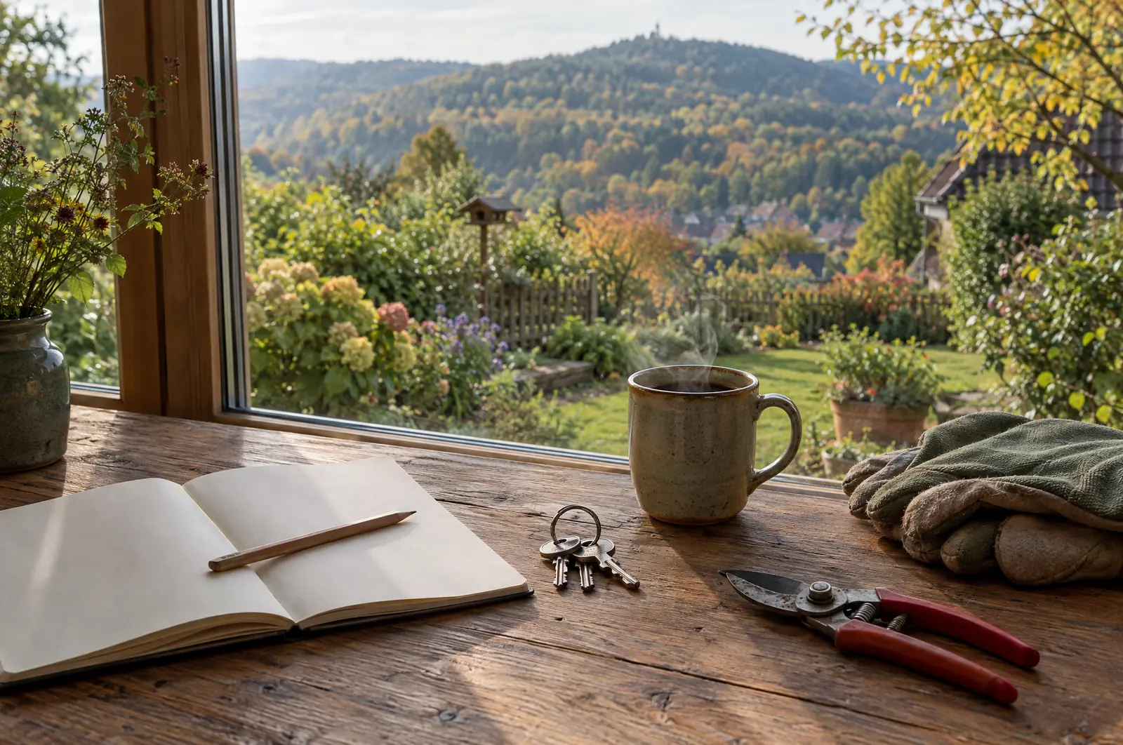 Notizbuch, Hausschlüssel, Gartenschere und Arbeitshandschuhe auf einem Holztisch am Fenster mit Blick auf Garten und Spessarthügel